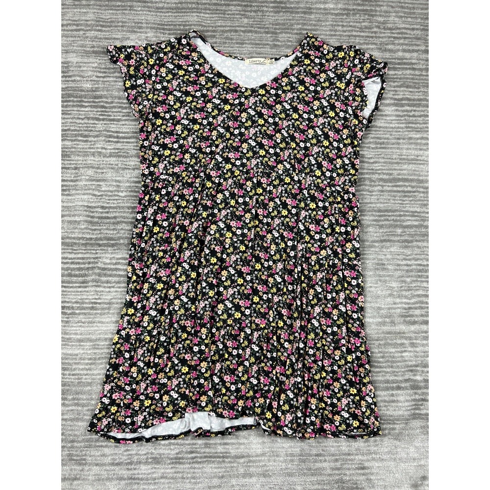 Liberty Love Dress Womens 3XL Black Floral Babydoll Tiered V-Neck Short Sleeve